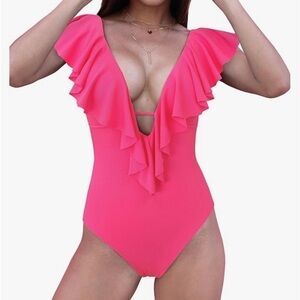 NWT One Piece Swimsuit V-Neck Ruffle Bathing Suit Padded Monokini pink Large